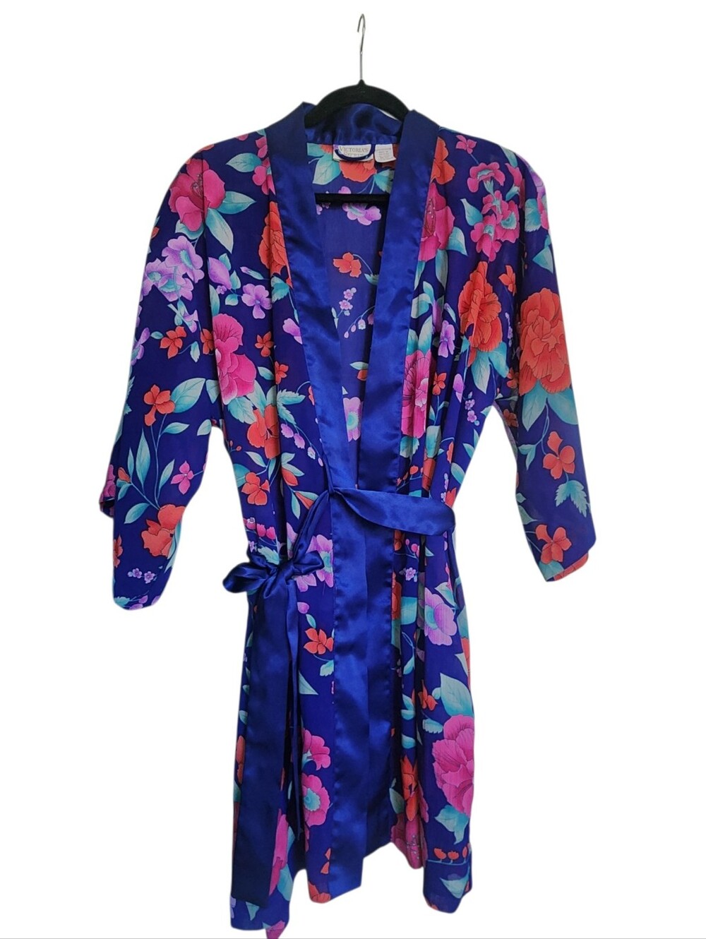 VTG Victoria's Secret Gold Label Floral Kimono Robe OSFM Blue Satin Pockets Y2K